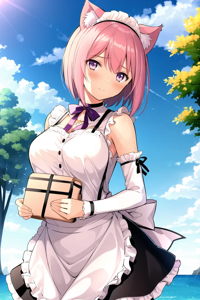 The image is a digital painting of a young woman with pink hair and cat ears. She is wearing a white and black maid outfit with a purple bow around her neck. She is standing in a tropical setting with palm trees and blue water. The sun is shining brightly and there are white clouds in the sky. The woman is smiling and holding a box.