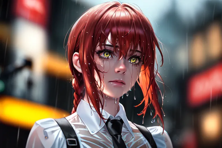 This is an image of a young woman with reddish brown hair and yellow eyes. She is wearing a white dress shirt with a black tie and black suspenders. She is standing in the rain, and her hair is wet and her clothes are soaked. She has a sad expression on her face, and tears are streaming down her cheeks. The background is blurred, but it looks like she is in a city.