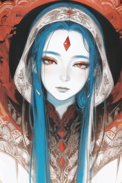 This is an image of a woman with long blue hair and red eyes. She is wearing a white and red robe with a red gem in the center of her forehead. She is also wearing a white veil that covers her head and shoulders. The background is a dark red with a circular frame of red and gold.