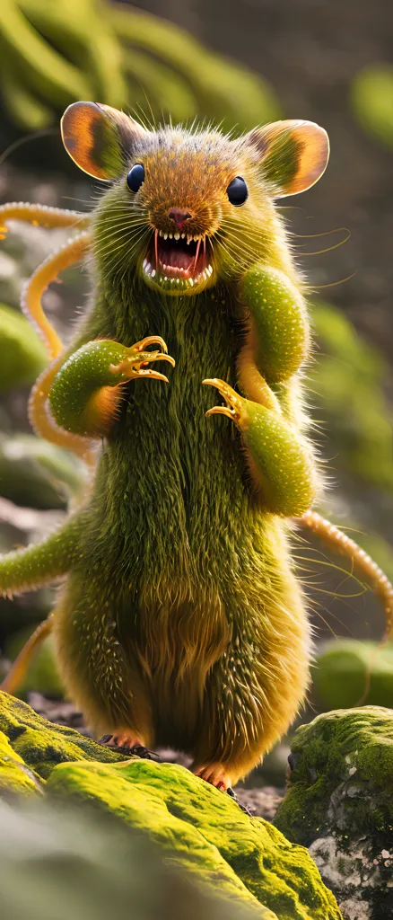 The image shows a green and yellow furred creature standing on a mossy rock. The creature has the body of a mouse, but it also has some features of a monkey, such as its long arms and its large, expressive eyes. The creature is standing on its hind legs, and its front paws are curled into fists. Its mouth is open and it has sharp teeth. The background of the image is a blur of green and brown, which suggests that the creature is in a forest.
