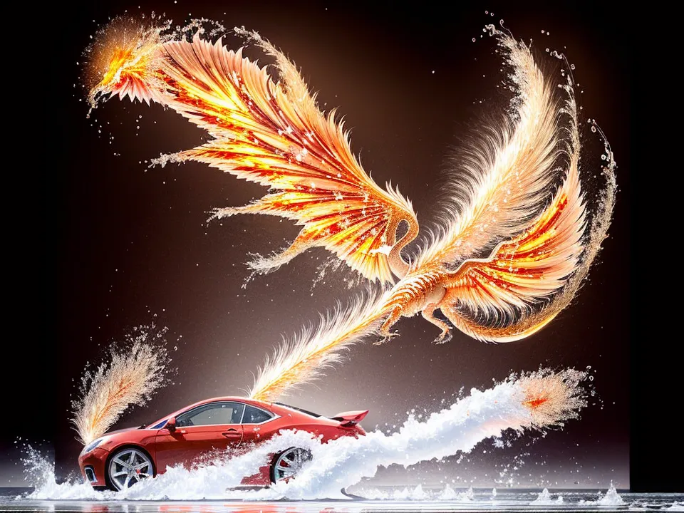 A red sports car is driving through a tunnel of water. The car is being chased by a phoenix, which is a mythical bird that is said to be a symbol of hope and renewal. The phoenix is flying above the car, and its wings are outstretched. The car is driving fast, and the water is splashing up around it. The image is very dynamic and exciting, and it captures the feeling of speed and danger. The car and the phoenix are both symbols of power and freedom. The image is set in a dark and stormy night, which adds to the sense of danger and excitement.
