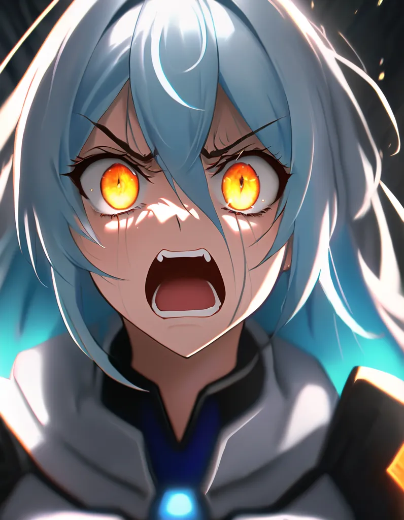 The image is a close-up of a young woman with white hair and orange eyes. She is wearing a white and blue outfit. The woman's expression is one of rage, with her mouth open in a scream and her eyes wide. Her hair is blowing around her head, and her clothes are billowing in the wind. The background is a dark color, with a few bright spots of light. The image is likely depicting a scene from an anime or video game.