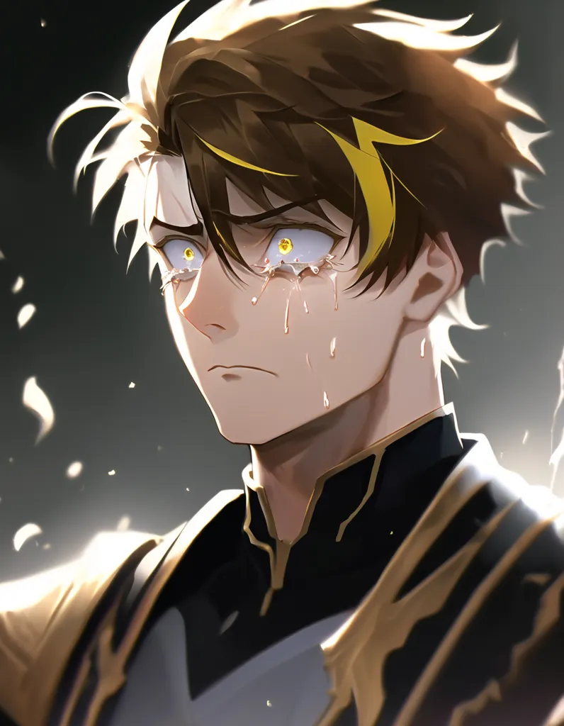Esta é uma imagem de um homem jovem com cabelos castanhos curtos e olhos amarelos. Ele está chorando, e suas lágrimas são douradas. Ele está vestindo um traje preto e dourado. Ele parece estar em dor.
