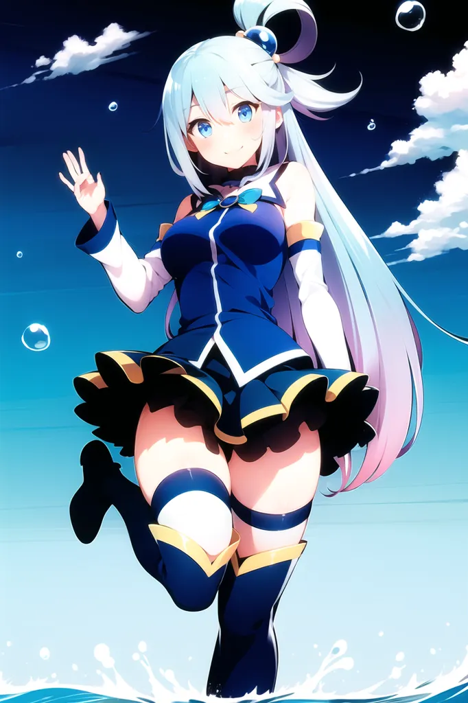 The image is an anime-style illustration of a young girl with long, flowing hair and blue eyes. She is wearing a blue and white dress with a pleated skirt and a large bow on her chest. She is also wearing black boots and a pair of white gloves. The girl is standing on a small wave of water, and she is surrounded by a number of small bubbles. The background of the image is a gradient of blue, with a few clouds in the distance.