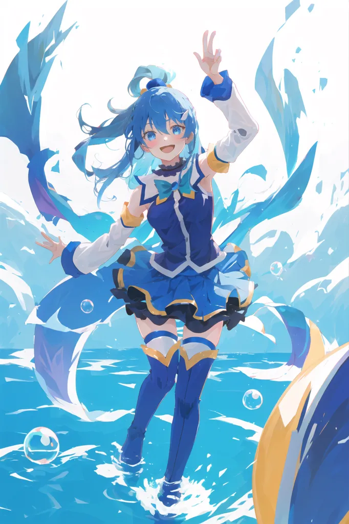 The image is an anime-style illustration of a young girl in a blue and white dress. She has long blue hair and blue eyes, and she is smiling happily. She is standing in a pool of water, and there are water droplets splashing around her. In the background, there is a large wave of water crashing against a wall. The girl is wearing a white and blue hat and a blue and white dress. She has a yellow life preserver around her waist. She is standing on a yellow inner tube. The image is drawn in a soft, painterly style, and the colors are bright and vibrant. The girl's expression is one of pure joy, and she seems to be enjoying the water.
