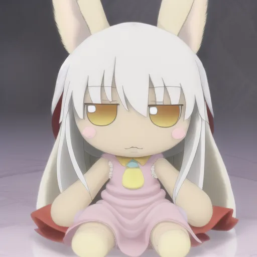 The image shows a plush toy of Nanachi, a character from the anime series Made in Abyss. She is a white rabbit-like creature with long ears and a pink dress. She is sitting on a white surface with her legs crossed and her hands resting on her lap. Her head is tilted to the side and she has a slightly annoyed expression on her face. The image is taken from a high angle and the background is out of focus.