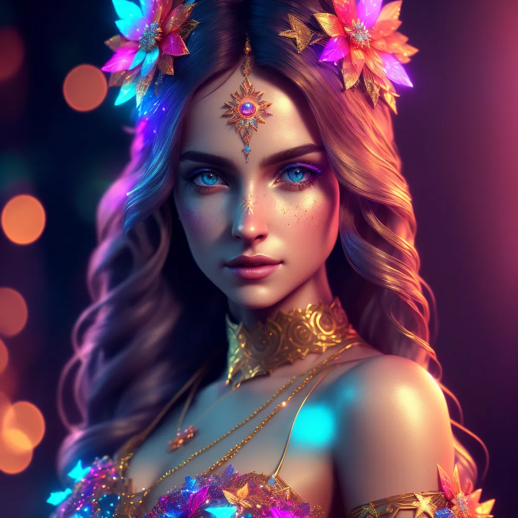 The image is a portrait of a beautiful woman with long, flowing hair. She is wearing a golden headpiece and a necklace with a large, blue gem in the center. Her eyes are blue and her skin is fair. She is wearing a purple and blue dress with a low neckline. The background is a dark blue with sparkles of light.