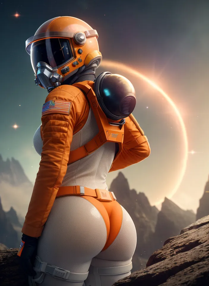 The image is a depiction of a female astronaut standing on a rocky moon or planetary landscape. She is wearing a futuristic orange and white spacesuit with a helmet and backpack. The astronaut is looking out over the landscape with her back to the viewer. The image is highly detailed and realistic, with a strong sense of atmosphere. The astronaut's pose is heroic and inspiring, and the image as a whole conveys a sense of wonder and excitement.