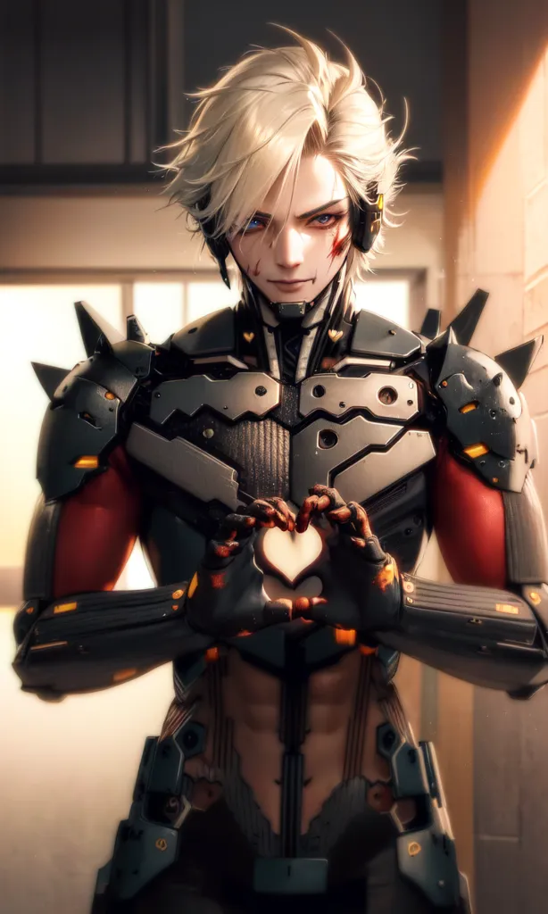 The image depicts a young man with white hair and red eyes. He is wearing a black and red armored suit with a heart-shaped cutout on the chest. The man appears to be in a fighting stance.