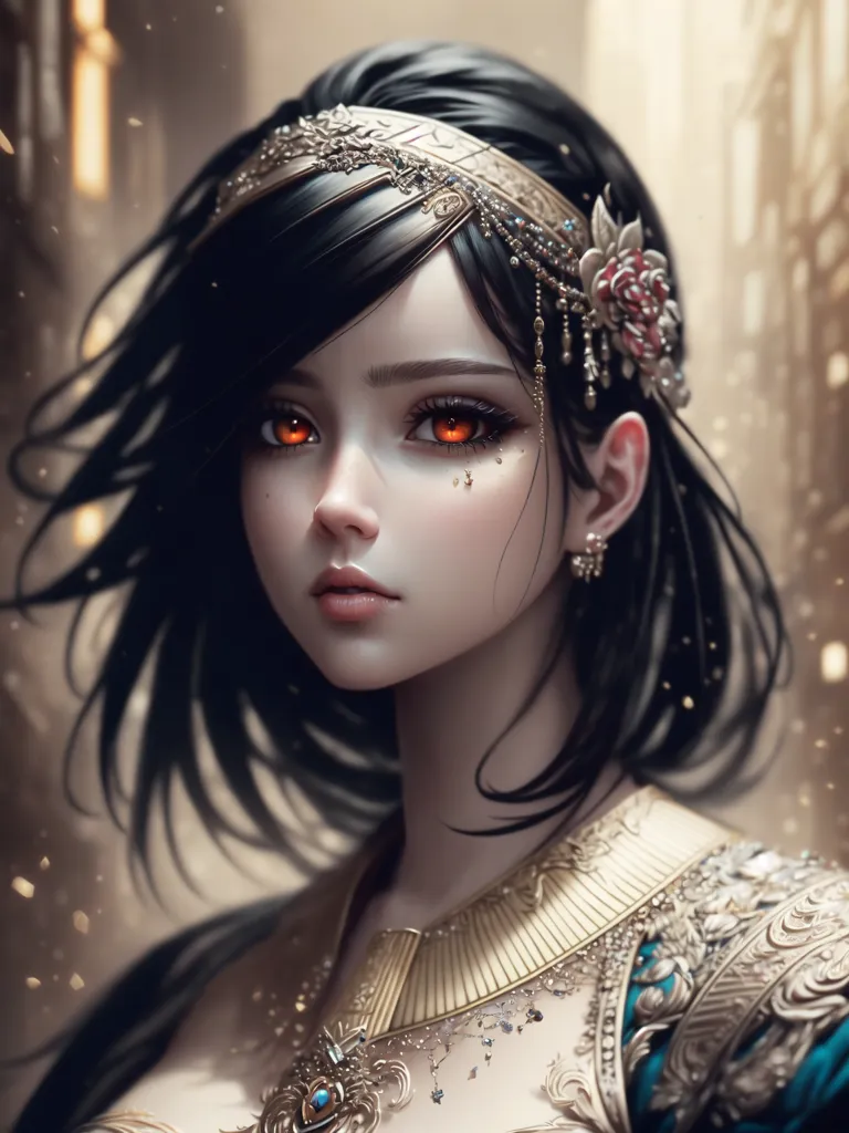 This is an image of a beautiful young woman with long black hair and red eyes. She is wearing a golden headpiece and a blue and gold dress with a white undersleeve. She has a serious expression on her face and is looking at the viewer with her head tilted slightly to the right. The background is blurry and looks like a palace or temple.