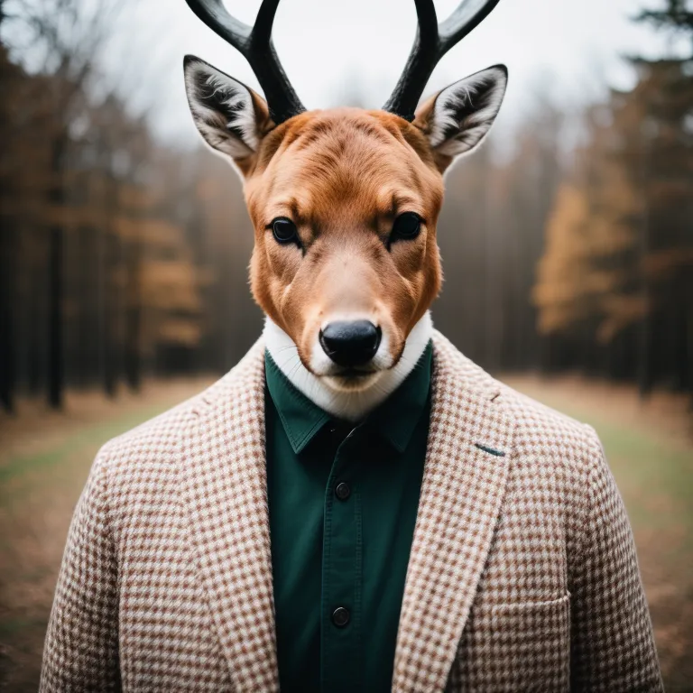 The image is a portrait of a deer wearing a suit and tie. The deer is standing in a forest, and the background is blurred. The deer is looking at the camera with a serious expression.