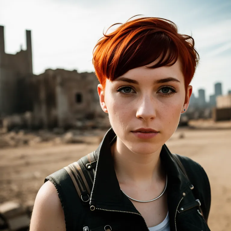 The image shows a young woman with short red hair and light blue eyes. She is wearing a black leather vest and a white shirt. She has a necklace around her neck and a small earring in her left ear. She is standing in a post-apocalyptic wasteland. There are ruins of buildings in the background. The sky is hazy and there are no visible signs of life.