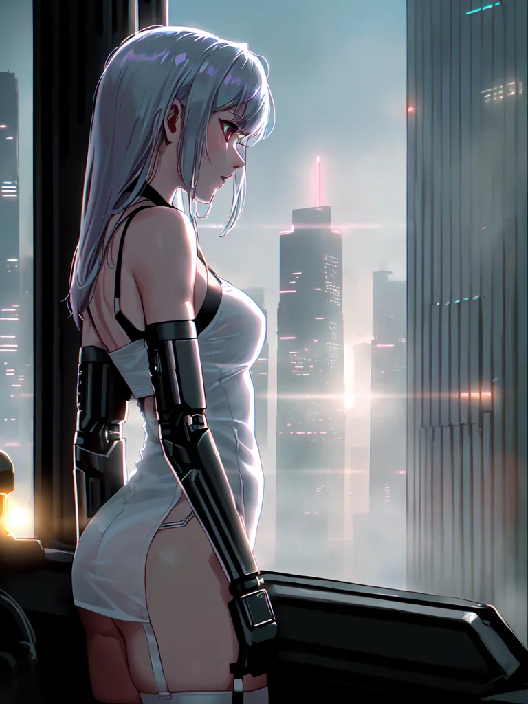 The image is a digital painting of a young woman standing in front of a window. She is wearing a white dress with a thigh-high slit and black gloves. Her hair is white and her eyes are red. She has a robotic arm and leg. The background is a cityscape with tall buildings and a bright sky.