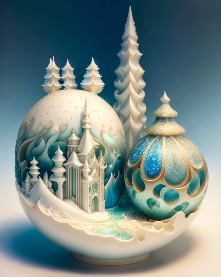 The image is a 3D rendering of a winter scene. There is a large, white castle with blue and green accents. The castle is surrounded by snow-covered trees and mountains. There is a blue and green orb next to the castle. The orb has a golden top and is decorated with blue and green gems. The orb is sitting on a bed of snow. The scene is set against a blue background. The image is very detailed and realistic. The artist has used a variety of techniques to create a sense of depth and realism. The image is also very colorful and vibrant. The use of color helps to create a sense of magic and wonder.