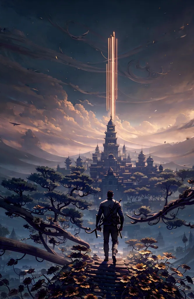 The image is a digital painting of a fantasy city. The city is built on a series of floating islands, which are connected by bridges and walkways. The islands are surrounded by a sea of clouds, and there are mountains in the background. The city is lit by a bright light, which is coming from a tower in the center of the city. There are trees and other vegetation on the islands, and there are people walking around. The image is very detailed, and it has a sense of wonder and mystery.