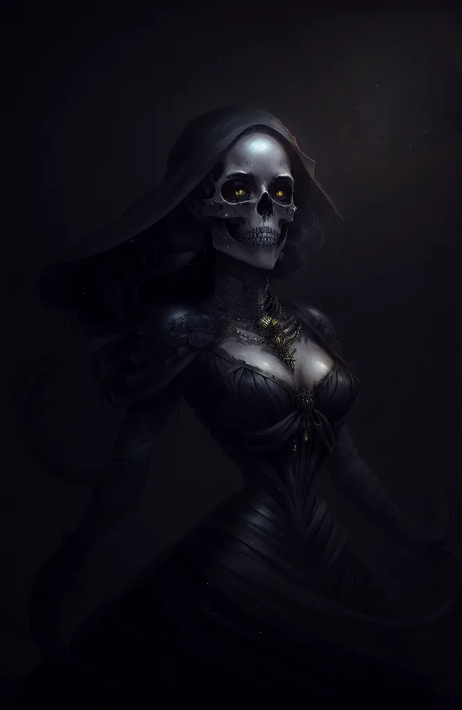 The image is a portrait of a skull with a glowing yellow eyes. It is wearing a black dress with a white collar. The background is dark grey. The skull is looking at the viewer with a neutral expression.