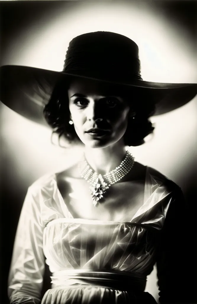The photo is a black and white portrait of a woman. She is wearing a wide-brimmed hat and a pearl necklace. The woman's expression is serious. The photo is taken from a high angle, which makes the woman look powerful and confident. The background is a dark color, which makes the woman stand out. The photo is taken in a studio, which gives it a timeless feel.