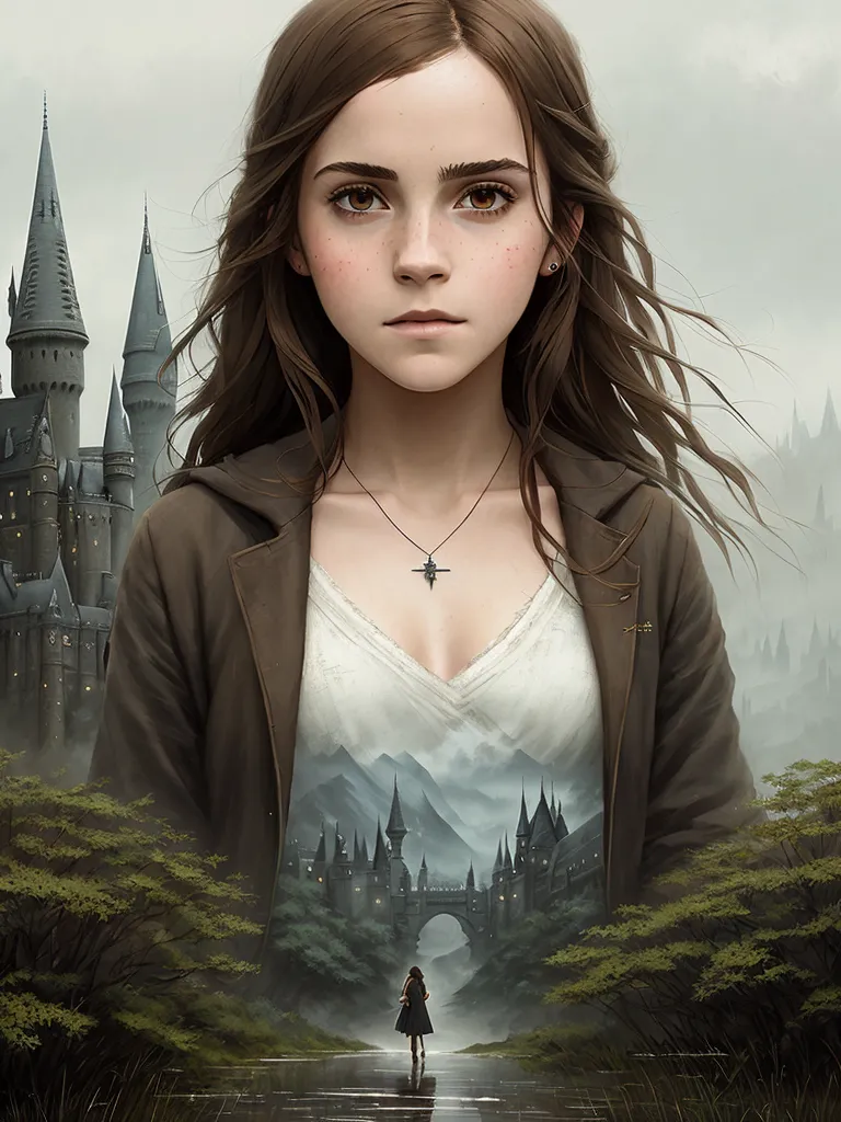 The image is a digital painting of Hermione Granger, a character from the Harry Potter series. She is depicted as a young woman with long, brown hair and brown eyes. She is wearing a white blouse and a brown jacket. The background is a blurred image of Hogwarts Castle.