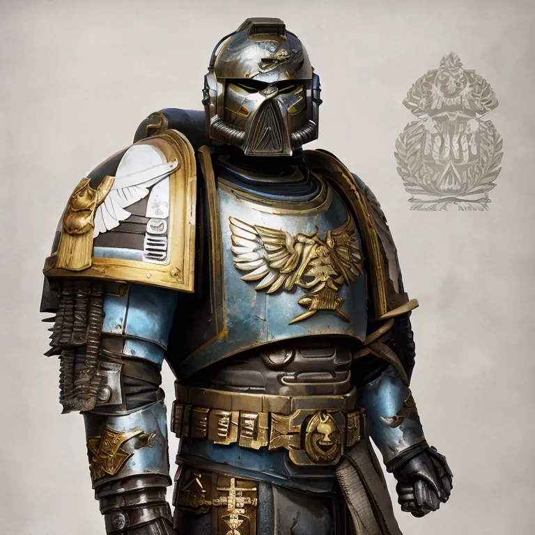 The image shows a Space Marine from the Warhammer 40k universe. He is wearing blue and gold power armor and has a helmet with a skull-like faceplate. The Space Marine is standing in a determined pose, ready to fight for the Emperor. In the background, there is a symbol of the Imperial Aquila, the emblem of the Imperium of Man.