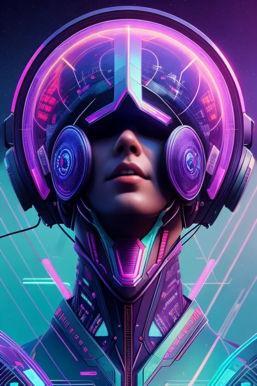 This is an image of a woman wearing a futuristic helmet with headphones. The helmet has a clear visor and is lit up with pink and blue lights. The woman's face is serene, and her eyes are closed. She is wearing a black bodysuit with pink and blue highlights. The background is a dark blue with bright pink and blue lines.
