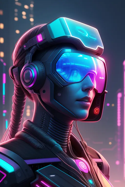 A imagem é um retrato de uma jovem mulher usando um capacete futurista com uma viseira. O capacete é preto com detalhes em rosa e azul, e tem um cabo que desce pelo lado do rosto dela. Ela também está usando um terno preto com luzes rosa e azuis nos ombros. O fundo é uma paisagem urbana desfocada à noite.