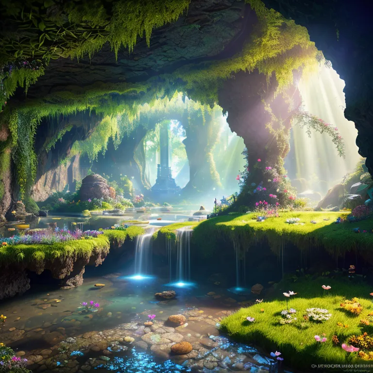 The image is a beautiful landscape of a magical forest. The forest is full of lush green trees, and a bright blue river runs through the middle of it. There is a small waterfall in the river, and the sun is shining brightly overhead. The forest is full of magical creatures, including fairies, unicorns, and dragons.