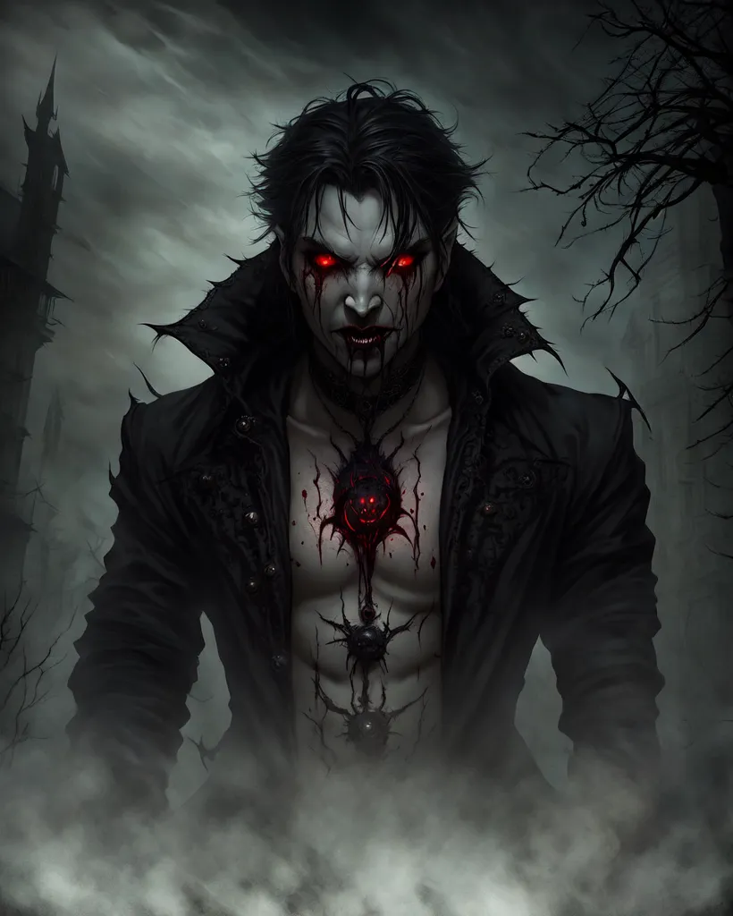 A imagem é uma pintura de um vampiro. Ele está em pé em uma floresta escura, com um castelo em ruínas ao fundo. O vampiro está vestido com um casaco preto e tem cabelos longos e pretos. Seus olhos são vermelhos e ele tem uma boca ensanguentada. Seu peito está rasgado, expondo seu coração. O vampiro está cercado por uma aura escura.