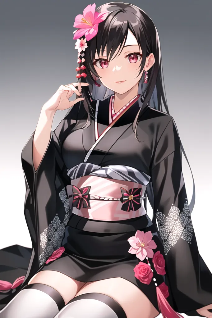 The image depicts a young woman with long black hair and red eyes. She is wearing a black kimono with pink and white floral accents. The kimono is tied with a pink and white striped obi sash, and a large pink bow adorns the front. The woman is also wearing white thigh-high socks and pink sandals. Her hair is styled with a pink flower hairpin on the left side. She has a gentle smile on her face, and she is looking at the viewer with her head tilted slightly to the right. The background is a light gray, and there is a soft light shining on the woman.