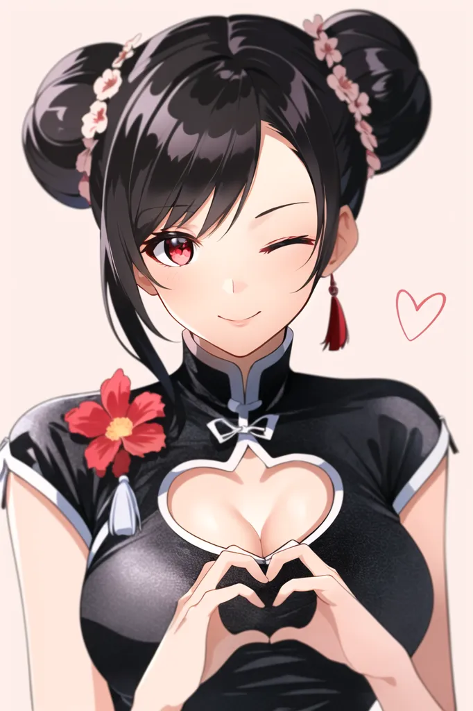 The image is a digital painting of a young woman with long black hair and red eyes. She is wearing a black cheongsam with a pink flower on the left side of her chest. There are two small pink flowers in her hair and she is winking her right eye. She has a gentle smile on her face and is making a heart shape with her hands. The background is a light pink color and there is a small red heart on the right side of the image.