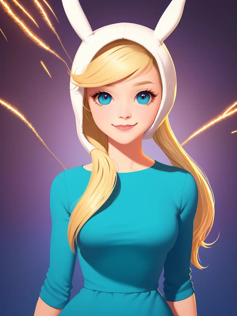 The image is a digital painting of a young woman with long blonde hair and blue eyes. She is wearing a white hat with rabbit ears and a blue dress. She has a friendly smile on her face and is looking at the viewer. The background is a dark blue color with some light blue highlights.