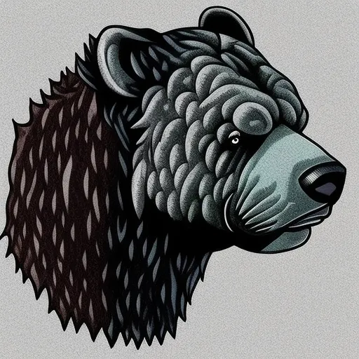 A imagem é um desenho digital da cabeça de um urso. O urso está voltado para a direita do observador. O urso tem um pelo escuro com um focinho mais claro e uma mancha cinza-clara em torno do olho. O pelo do urso tem uma textura que parece ser feita de pequenas escamas. O fundo da imagem é um cinza claro.