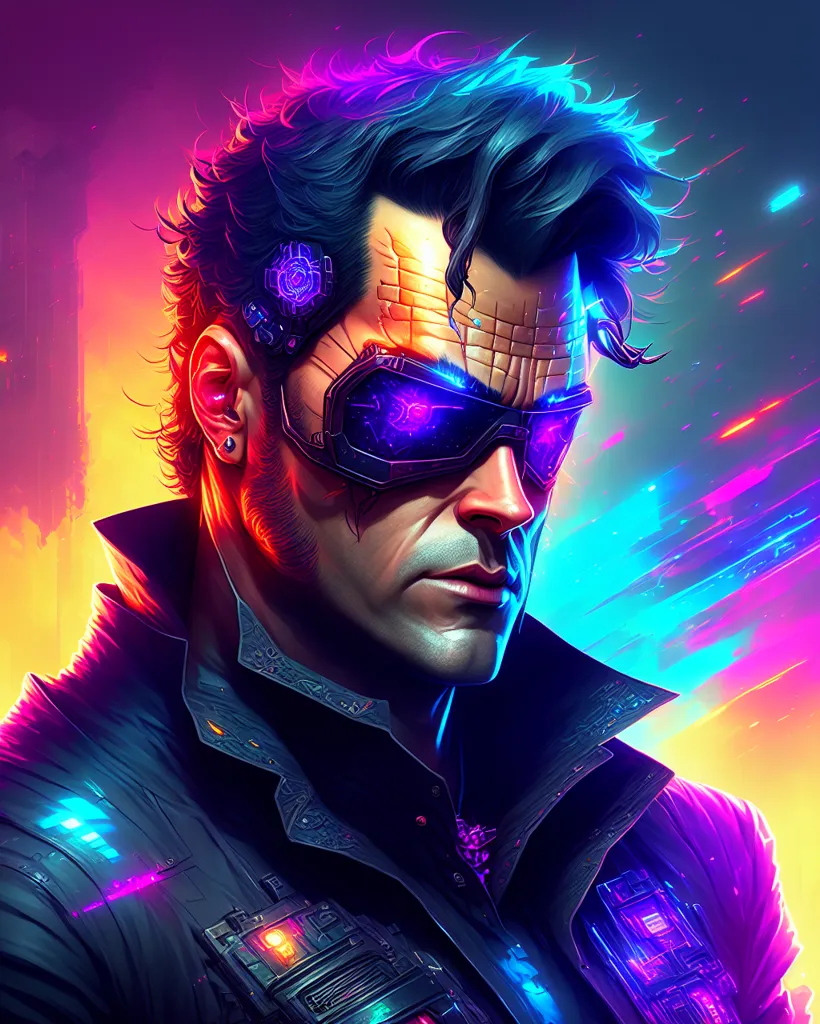 The image is a portrait of a man with a serious expression on his face. He is wearing a black leather jacket and has a pair of goggles over his eyes. His hair is dark and short, and he has a small earring in his left ear. The background is a blur of bright colors, and there are several small, glowing objects floating around the man's head. The man's eyes are glowing blue, and he has a small, glowing blue circle on his forehead. He is also wearing a device on his right arm that looks like a mini computer. The image is set in a dark and futuristic world.