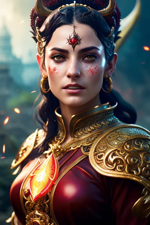 This is an image of a beautiful, young woman with long, dark hair and red eyes. She is wearing a red and gold-colored armor and has a red gem in the center of her forehead. She is also wearing a necklace and earrings. The background is a dark forest with a large fire in the distance.