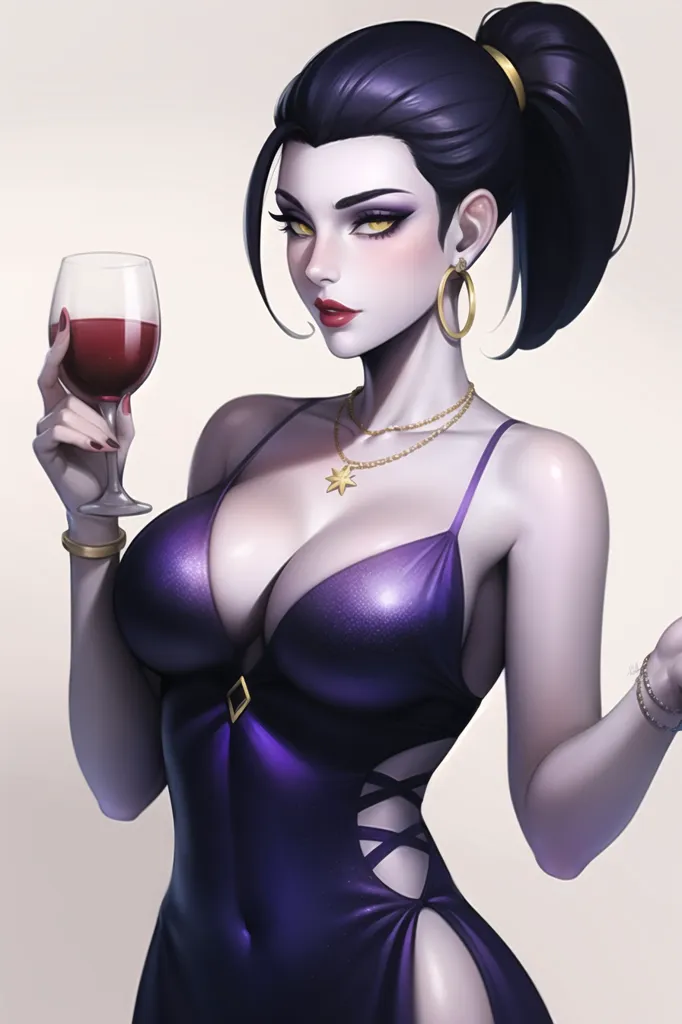 The image is a painting of a woman with dark purple hair and purple eyes. She is wearing a purple dress with a plunging neckline and a high slit. She is also wearing a lot of jewelry, including a necklace, earrings, and bracelets. She is holding a glass of red wine in her right hand. She has a confident expression on her face and is looking at the viewer with her head tilted slightly to the side. The background is a light gray color.