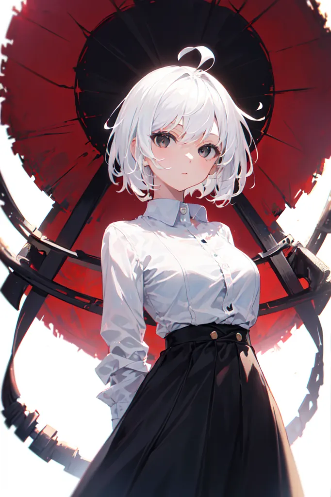 The image is a portrait of a young woman with white hair and red eyes. She is wearing a white blouse and a black skirt. She is standing in front of a red and black background, which is a stylized depiction of a clock. The clock has a large gear in the center, which is surrounded by smaller gears. The woman is looking at the viewer with a serious expression.
