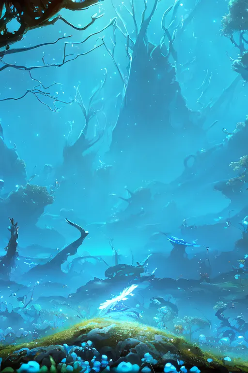 The image is a concept art for a video game. It shows a lush forest with large, glowing mushrooms and blue water. The trees are tall and have a strange, twisted appearance. The water is murky and still. There is a small, white creature standing in the foreground. It is looking at the viewer. The image is very atmospheric and has a sense of mystery and wonder.