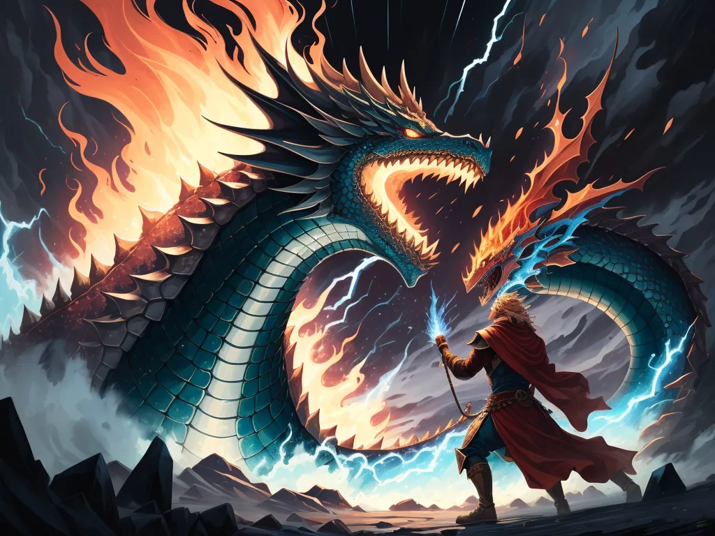 In the midst of a stormy sky, a valiant warrior stands tall, facing off against an immense and fearsome blue dragon. The dragon's massive body is covered in shimmering scales, its wings outstretched as it unleashes its fiery breath upon the intrepid hero. The warrior, his sword held high, retaliates with a powerful spell, a bolt of lightning crackling in his hand as he confronts the colossal beast. The clash between their elemental powers shakes the very foundations of the earth, as rocks and debris scatter from the force of their epic battle.