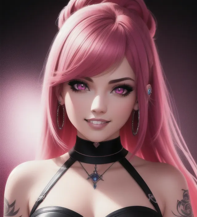 The image is a portrait of a young woman with pink hair and purple eyes. She is wearing a black choker and a black top with a plunging neckline. The background is dark with a purple glow. The woman has a confident expression on her face and is looking directly at the viewer.