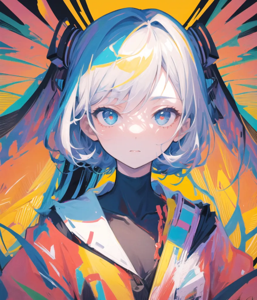 This is an image of a young woman with white and blue hair. She is wearing a colorful jacket and has a serious expression on her face. The background is a bright yellow color. The image is drawn in an anime style.