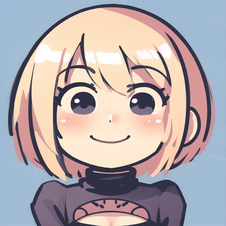 A imagem é uma versão chibi de 2B do jogo de vídeo game NieR:Automata. Ela é retratada com cabelos loiros curtos, olhos azuis e um sorriso suave em seu rosto. Ela está usando um choker preto e um vestido preto com um decote revelador. O fundo é de uma cor azul claro.