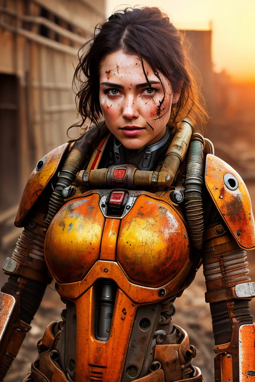 The image shows a young woman in a post-apocalyptic setting. She is wearing a heavily damaged orange exoskeleton suit with various tubes and wires visible. Her face is dirty and has some cuts and bruises. She has a determined expression on her face and is looking at the viewer with her brown eyes. She has brown hair that is tied back in a ponytail. The background is a blurred out image of a destroyed city.