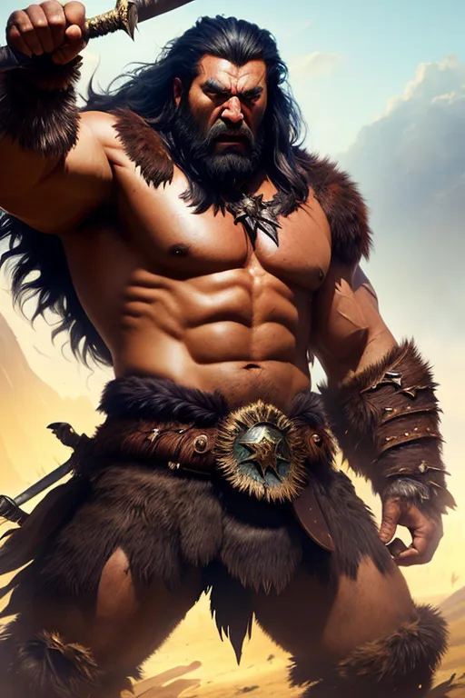 The image depicts a muscular, shirtless man with long black hair and a beard. He is wearing a brown fur skirt and a metal belt with a star-shaped buckle. He is also wearing brown leather boots and has a sword in his right hand. He has a determined expression on his face and is looking at the viewer. The background is a desert landscape with mountains in the distance.