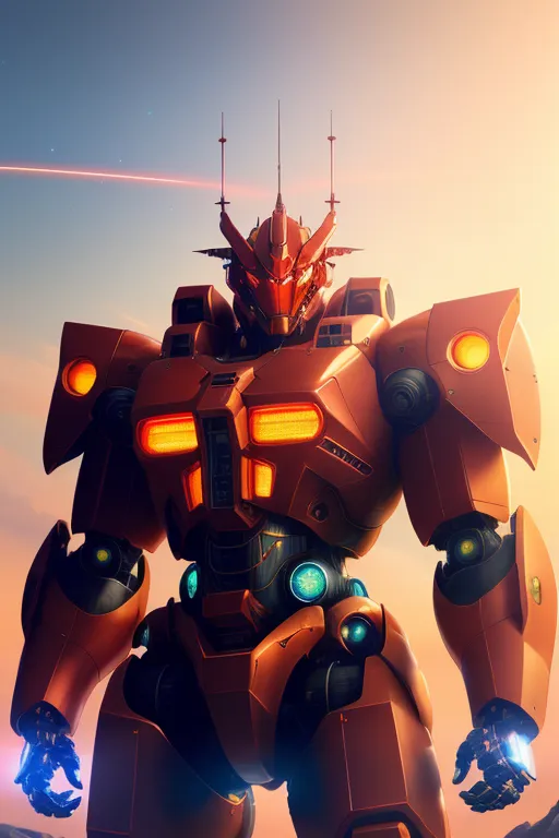 The image shows a giant robot standing on a rocky surface. The robot is mostly red with grey and yellow highlights. It has a large, round head with a V-shaped visor and a pair of antennae-like protrusions on the top. The robot's body is covered in armor, and it has a large backpack with a pair of thrusters on each side. The robot's arms are long and powerful, and they each have a large claw-like hand. The robot's legs are thick and sturdy, and they each have a large foot with a pair of toes. The robot is standing in a rocky field, and there is a large mountain in the background. The sky is orange, and there are two spotlights shining down on the robot.