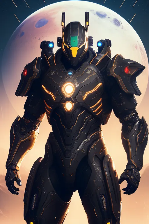 The image shows a black and gold robot standing on a rocky moon or planetary landscape. The robot is wearing a helmet with a green visor and has a glowing yellow core on its chest. It is also equipped with thrusters on its back and shoulders, and has a pair of guns holstered on its hips. In the background, there is a large moon or planet with a blue atmosphere.