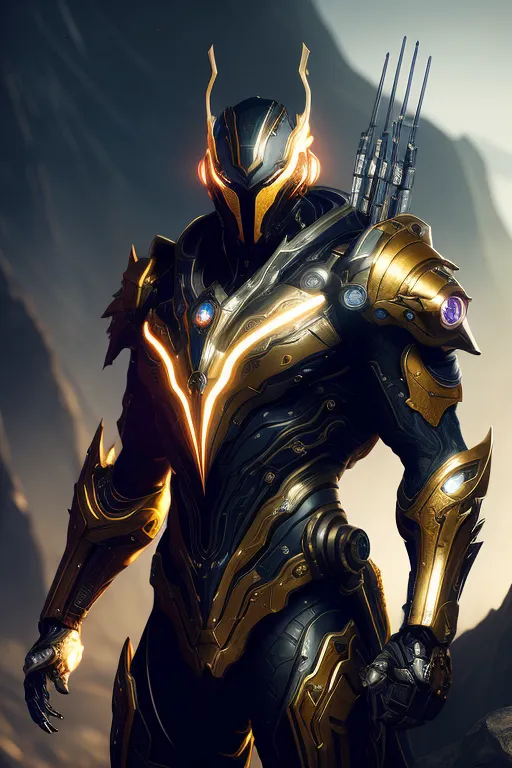 The image shows a tall, muscular man standing in a rocky landscape. He is wearing a suit of black and gold armor that covers his entire body. The armor has a futuristic design and is decorated with glowing blue lights. The man's helmet is also black and gold, and it has a visor that covers his eyes. He is also wearing a pair of black boots and a pair of black gloves. The man is standing in a relaxed pose, and he has one hand resting on his hip. He looks like he is ready for battle.