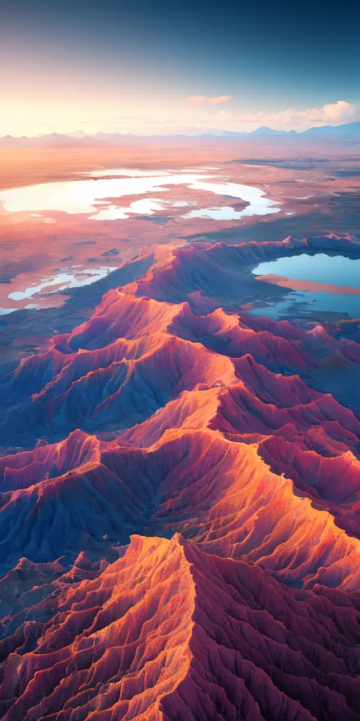 The image is of a mountain range at sunset. The mountains are in the foreground, with a valley and a lake in the background. The sky is a gradient of orange and blue, with the sun setting in the distance. The mountains are a mix of red, orange, and brown, with the shadows cast by the setting sun creating a sense of depth and dimension. The image is both beautiful and serene, and it captures the beauty of nature at its finest.
