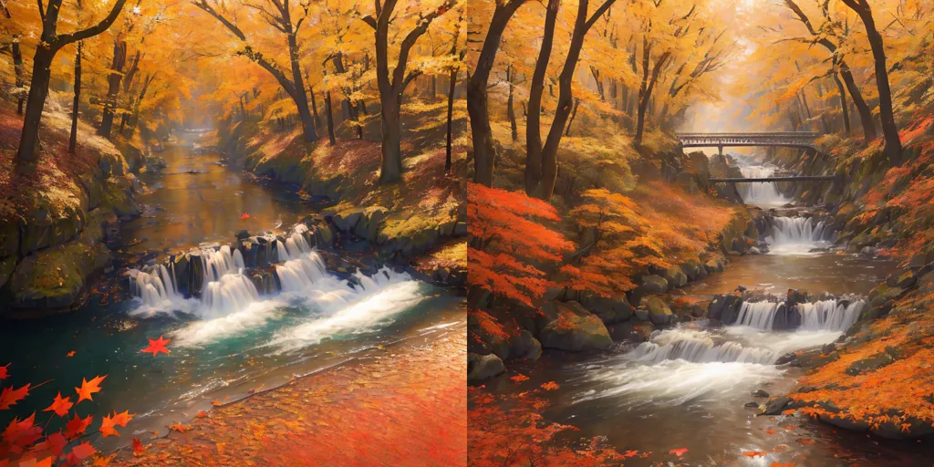 The image is a beautiful landscape of a forest in the fall. The trees are all in full foliage, and the leaves are a variety of colors, from red to orange to yellow. The river is flowing through the forest, and there is a small waterfall in the foreground. There is a bridge in the background. The overall effect is one of peace and tranquility.