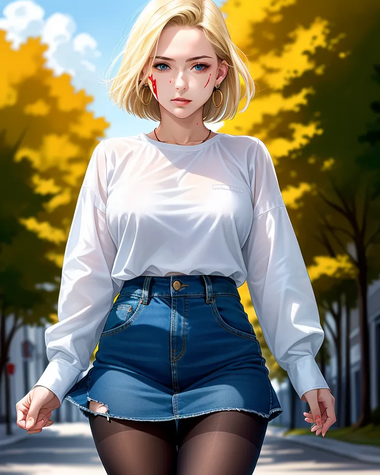 The image is a digital painting of a young woman with short blonde hair and blue eyes. She is wearing a white long-sleeved shirt, a denim mini skirt, and black pantyhose. She has a small cut on her left cheek and a larger cut on her right cheek. She is standing in a street with trees on either side. The leaves on the trees are yellow and orange, suggesting that it is autumn. The background is a blurred cityscape. The woman is looking at the viewer with a serious expression.