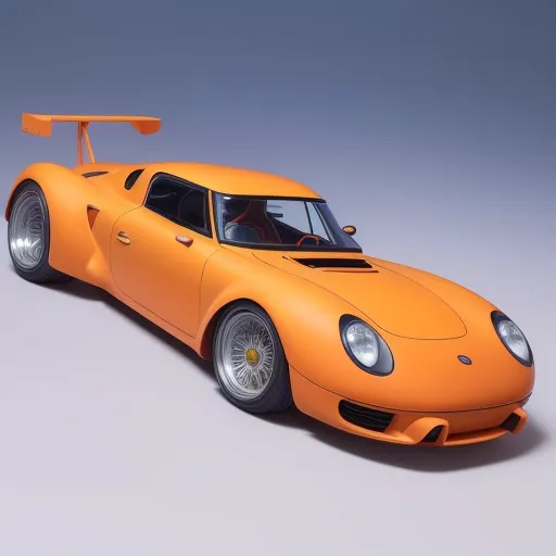 The image shows a bright orange sports car. The car has a long hood and a short trunk. It has a large rear spoiler and a diffuser. The car is sitting on black wheels with yellow brake calipers. The car is very low to the ground and looks like it is ready to race.