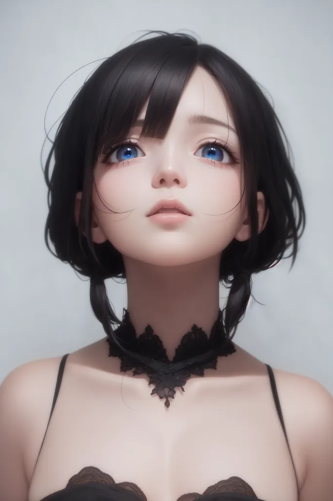 The image is a digital painting of a young woman with short black hair and blue eyes. She is wearing a black lace choker and a black dress with a sweetheart neckline. The background is a light gray. The woman's expression is one of sadness or resignation. Her eyes are downcast and her mouth is slightly open. Her hair is parted in the middle and her bangs are swept to the side. She is wearing a necklace with a pendant in the shape of a heart. The image is drawn in a realistic style and the colors are muted.